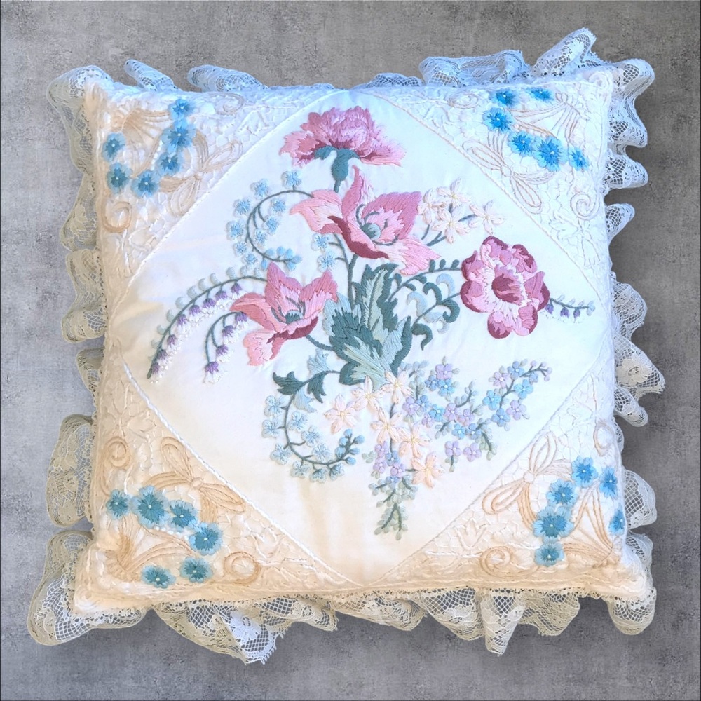 Embroidered Throw Pillow Vintage Cottagecore Floral Lace Pastel Feminine 12"